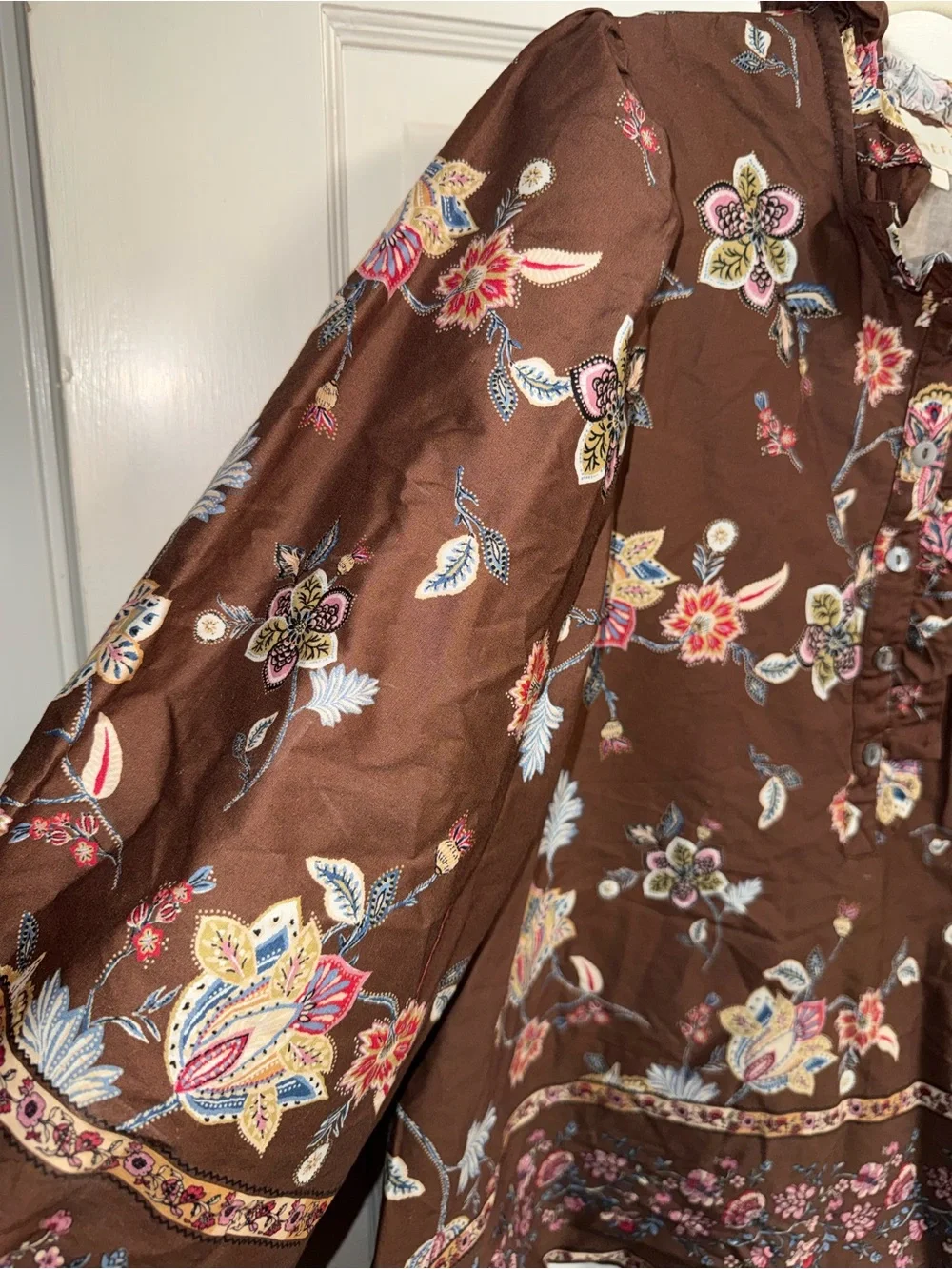 Entro Brown Floral Ruffle-Trim Peasant Blouse size large - Picture 7 of 9